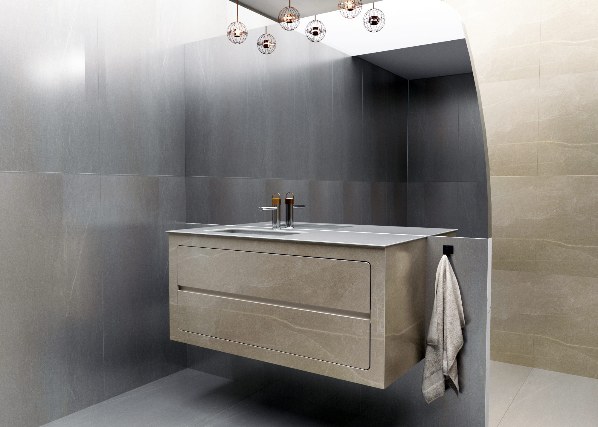 Mueble de baño porcelánico a medida y personalizable. Mueble de baño de diseño. Mueble de baño premium. Mueble de baño moderno