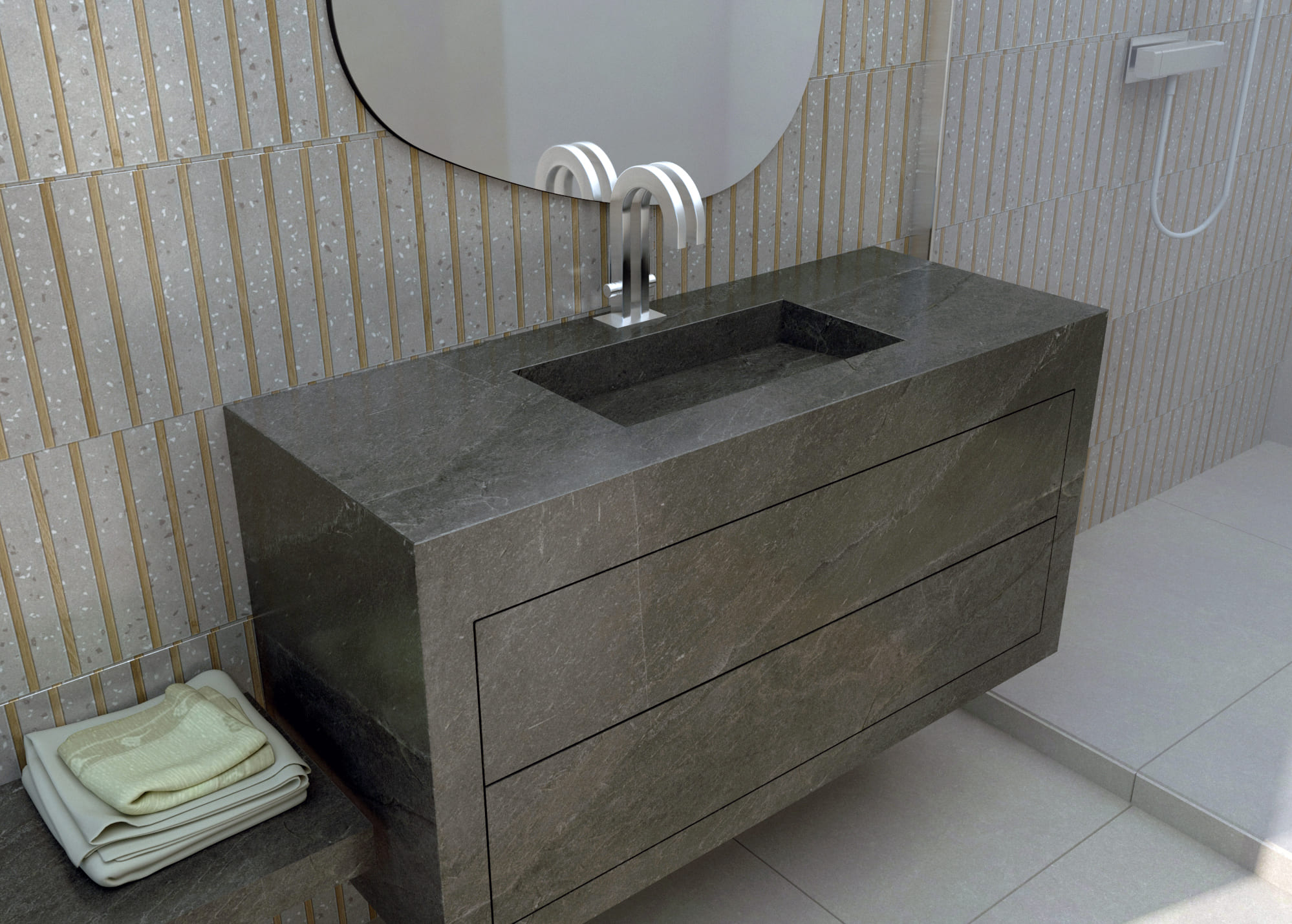 Mueble de baño suspendido con lavabo integrado. Mueble de baño porcelánico con lavabo integrado. Mueble de baño y lavabo en una sola pieza. Mueble de baño de diseño.