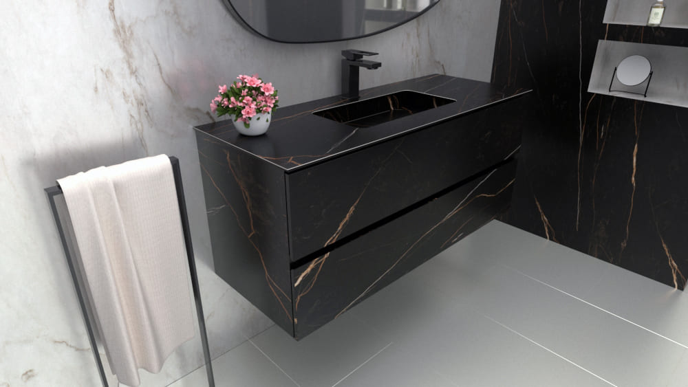 Mueble de baño de diseño personalizado revestido de porcelánico o de piedra natural
